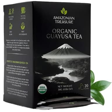 Amazonian Treasure, Organic Guayusa Tea Bags - 20 Count Box, Smooth Beverage Option, 50mg Caffeine Content, Premium Selection, Enhanced Experience Blend.