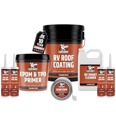 Liquid Rubber RV Roof Coating 30 Ft Leak Repair Kit – Solar Reflective, Waterproof & Weatherproof Protection – Complete System with Sealer, EPDM Primer, Cleaner, Seam Tape & Lap Sealant