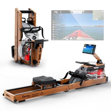 PASYOU Water Rowing Machines for Home Oak Wood Foldable Rower Machine 350LB Weight Capacity, 6 Levels Adjustable Row Machines with Monitor & Tablet Holder & 14L Tank, Bluetooth with Kinomap APP