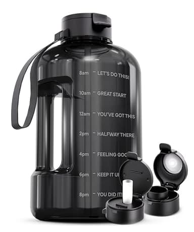 AQUAFIT 128 oz Water Bottle with Time Marker - Straw & Chug Lid - BPA Free 1 Gallon Gym Water Bottle with Handle - Big Gallon Jug (Gray, 128 Ounces)