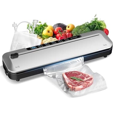 Vacuum Sealer Machine 75KPa Food with 6-in-1 Dry/Moist Modes & Digital Timer, Compact Lightweight Design, Built-in Cutter + 10 Bags (Black Silver)