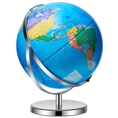 BSHAPPLUS World Globe with Stainless Steel Stand 13 inch, 720 Rotating & HD Waterproof Material, Teaching/Geographic/Decorative Globes with Clear Text for Elementary, Classroom, Home, School, Office