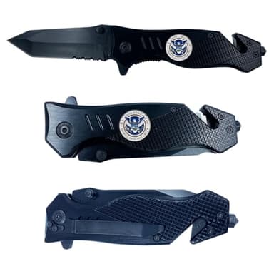 LEO Challenge Coins DHS collectible Officer 3-in-1 Police Tactical Rescue knife tool with Seatbelt Cutter, Steel Serrated Blade, Glass Breaker Homeland Security, black