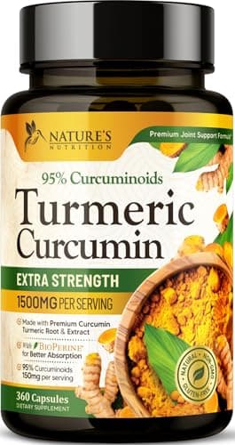 Turmeric Curcumin Supplement 1500mg - Organic Tumeric & BioPerine Black Pepper for Best Absorption with 95% Curcuminoids, Nature's Joint & Immune Support, Non-GMO, Bottled in USA - 360 Capsules