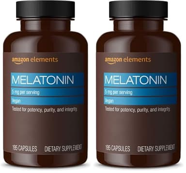 Amazon Elements - Melatonin 5mg Capsules, Helps with Occasional sleeplessness, Vegan, Unflavored, 195 Count (Pack of 2), 6 Month Supply (Packaging May Vary)