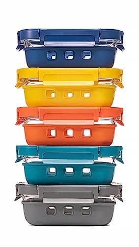 GENICOOK Glass Food Storage Containers With Glass Lids Bento Box Set Lunch Box Eco Friendly Meal Prep Containers Airtight – Plastic Free, Silicon Sleeve Bpa Free 4.4cup/ 5 * 1050ml