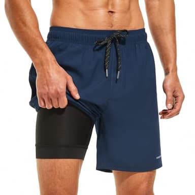 HODOSPORTS Mens Swimsuit Trunks 7" Quick-Dry Swim Shorts with Compression Liner and Zipper Pockets (Large,Navy)