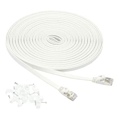Amazon Basics RJ45 Cat 7 Ethernet Patch Cable, Flat, 600MHz, Snagless, Includes 15 Nails, 30 Foot, White