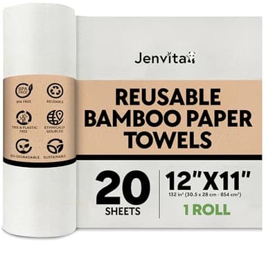 Jenvita Reusable Paper Towels Bamboo | Ultra Absorbent & Durable | Reusable Paper Towel Washable Roll | FSC Certified | 100% Rayon Derived From Bamboo | Towel Alternative | 20 Sheets, 12"x11" | 1 Roll