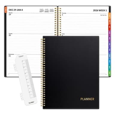 SUNEE 2026 Weekly and Monthly Planner - from January 2026 - December 2026, Daily Agenda Planner with Monthly Tab, Flexible Cover, Note Pages, Pockets, Bookmark, Spiral Binding, Black, 8.5"x11"
