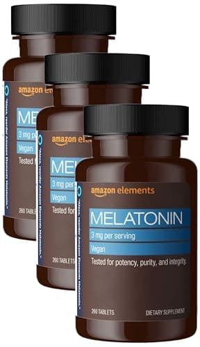 Amazon Elements Melatonin 3mg, Helps with Occasional sleeplessness, Vegan, Unflavored,8 Month Supply (Packaging May Vary) 260 Tablets, (Pack of 3)