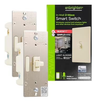 Enbrighten Almond Z-Wave Plus Smart Light Switch with QuickFit and SimpleWire, 3-Way Ready, Compatible with Alexa, Google Assistant, ZWave Hub Required, Repeater/Range Extender, Toggle, 2 Pack, 81174