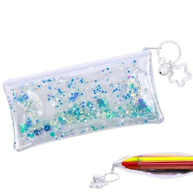 Umbrotiger Glitter Pencil Case with Star Charm Clear Zipper Pen Pouch Makeup Bag for Classroom Travel, Waterproof Cosmetic Organizer for Study and Daily Work (Blue)