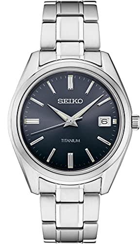 Seiko SUR373 Watch for Men - Essentials - Blue Dial with Sunray Finish, Date Calendar, Titanium Case & Bracelet, Sapphire Crystal, and 100m Water Resistant