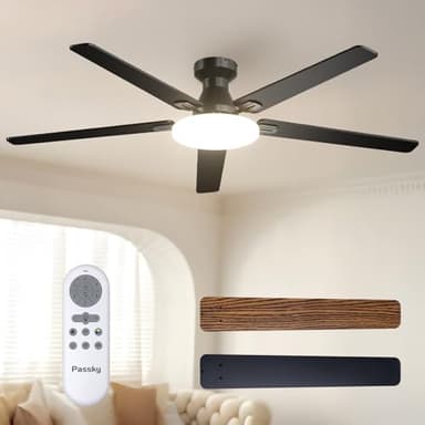 Passky Ceiling Fans with Lights, 60 inch Flush Mount Ceiling fan with Remote Control, Low Profile Ceiling Fan for Bedroom, Farmhouse, Reversible, 3CCT, Dimmable, Noiseless DC Motor, Black