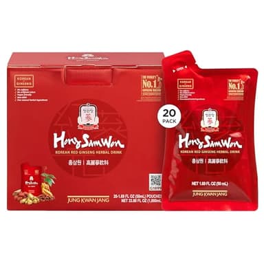 JUNG KWAN JANG Hong Sam Won Korean Red Ginseng Drink | Energy Drink, Pre Workout, Herbal Tea, Ginseng Supplement | Jujube, Ginger, Cinnamon, Goji Berry | Vegan Friendly (20 Count)