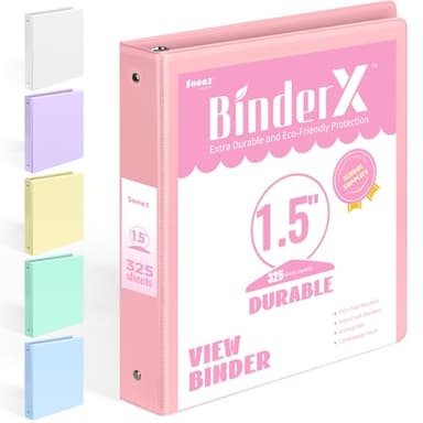 BinderX Extra Durable 1.5 Ring Binder, Round Ring 1.5 Inch Binders, Fits 325 Sheets of 8.5x11 Paper, Customizable View Cover with Inside Pockets, Cute 1.5" Binder, School Supplies for Girls, Pink