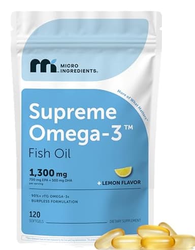 Micro Ingredients Supreme Omega-3 Fish Oil w/Ultra High EPA & DHA, Burpless Softgels | rTG Omega-3 with Vitamin D3 | Wild-Caught Cold Deep-Sea Water | Lemon Flavor, Easy to Swallow, 120ct