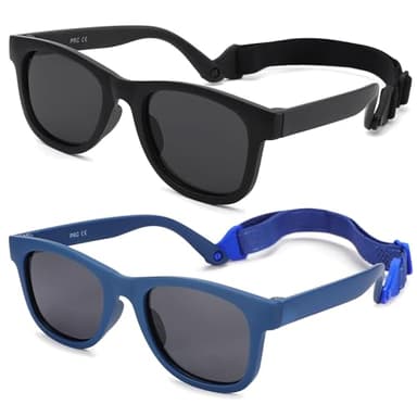Flexible Polarized Baby Sunglasses with Strap Adjustable for Toddler & Newborn Infant 0-18 Months (Dark Blue/Gray + Matte Black/Gray) - 2 Pack