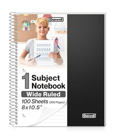Dunwell 1 Subject Spiral Notebook (Black), Plastic Cover, 100 Sheets (200 Pages) 8x10.5 Paper, Wide Ruled for Easy Writing, 3-Hole Punched Perforated Pages, Divider with Pockets