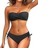 Women's Black Strapless Bandeau Bikini Set - Twist Front Two Piece Swimsuit Top with Side Tie Bathing Suit Bottom L