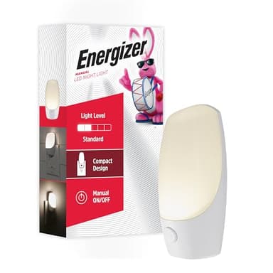 Energizer Manual On/Off LED Night Light Plug-in, Push Button, Compact, Contemporary, for Bedroom, Livingroom, Hallway, Bathroom, Nursery, Basement, White, 37099, 1 Pack