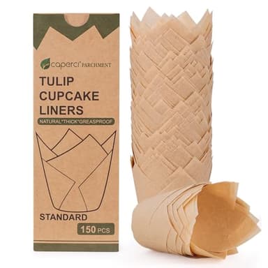 Caperci 150pcs Natural Tulip Cupcake Liners Unbleached European Parchment Paper Baking Cups Muffin Liners for Party, Wedding, Christmas, Birthday