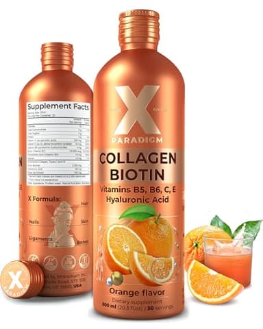 XParadigm Puritas Corpus Liquid Collagen Peptides with Biotin & Hyaluronic Acid - Hydrolyzed Bovine Collagen Type 1 and 3, Biotin 10000mcg, Vitamins B5, B6, C & E - Orange Flavor