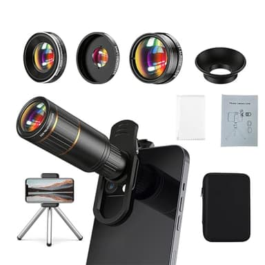 COSULAN Phone Camera Lens Kit Upgraded Version — Includes 22X Telephoto Lens, 205° Fisheye Lens, 0.67X Wide Angle Lens, 25X Macro Lens, Clip & Mini Tripod for iPhone and Android Phones
