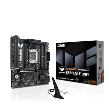 ASUS TUF Gaming B650EM-E WiFi AMD mATX Motherboard, 8+2+1 80A DrMOS Power Stages, DDR5, PCIe 5.0, Three M.2 Slots, WiFi 6, 2.5Gb Ethernet, DisplayPort, HDMI™, Rear USB-C 10Gbps and Front USB-C 5Gbps