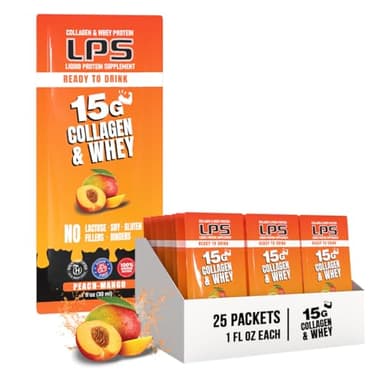 Nutritional Designs LPS Liquid Collagen & Whey Protein Supplement - Non-GMO Drink, Sugar-Free - Promotes Healthy Skin & Hair for Men & Women, Peach Mango, Single Serve (25 Packets)