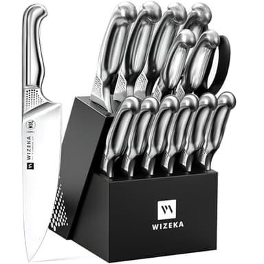 WIZEKA Kitchen Knife Set with Block: 15PCS German Stainless Steel Knife Block Set,One-Piece Design Knives Set for Kitchen, Professional Knife Set with Built-in Sharpener,Starry Sky Series