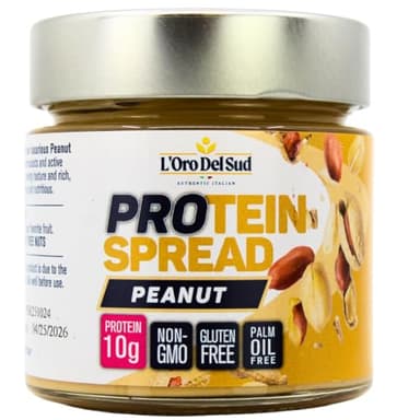 L’Oro Del Sud - Peanut Butter with with added protein. Roasted peanuts (20%), High-protein protein (19,6%), Palm oil free, gluten free, Net Wt. 7 oz (200 g), Product of Italy