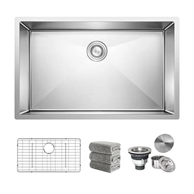 Kitchen Sink 30x18 Inch Undermount Sink Stainless Steel 16 Gauge Single Bowl Kitchen Sinks Set (5 Item Bundle: Sink, Bottom Grid, Drain Assembly, Drain Cap, Towel)