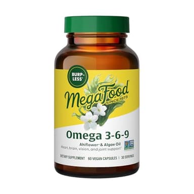 MegaFood Vegan Omega 3 6 9 - Burp-Less Supplement - 600 mg Plant-Based Omega 3 & 150 mg DHA Per Serving - Heart, Brain, Vision & Joint Support - Fish Oil Alternative - 60 Capsules, 30 Servings