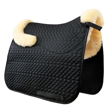 Woolous Dressage Saddle Pad, Square Horse Sheepskin Saddle Pad Lambskin Wool Fleece Lining with Sheep Skin Trim for Equestrian Riding (Black-Beige)