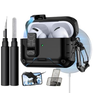 Lerobo for AirPods Pro 2 Case,Compatible with Apple Airpod Pro Case 2nd / 1st Generation with Phone Stand, Magnetic Lock & Cleaner Kit - Shockproof Hard Protective Cover Compatible with MagSafe,Black