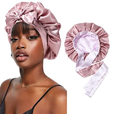 Lavender Silk Bonnet by Brand - Sleep Cap with Stretchy Tie Band for Curly Hair