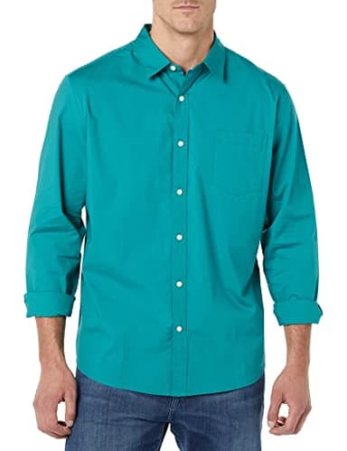 Amazon Essentials Men's Long-Sleeve Regular-Fit Stretch Poplin Shirt, Teal Blue, XX-Large