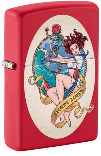 Zippo Lighter: Stormy Lover Tattoo, Pin-up Girl - Red Matte 46058