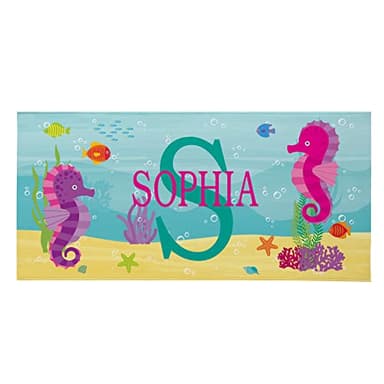 Let's Make Memories Personalized Kids Beach Towel - Custom Monogram & Name with Fun Beach Designs - Soft Cotton/Poly Blend - 60"x30" - Name and Initial Monogram - Standard Size - Seahorse