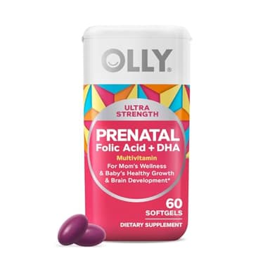 OLLY Ultra Strength Prenatal Multivitamin Softgels, Supports Healthy Growth, Brain Development, Iron, Folic Acid, DHA, Vitamins C, E, 30 Day Supply-60 Count