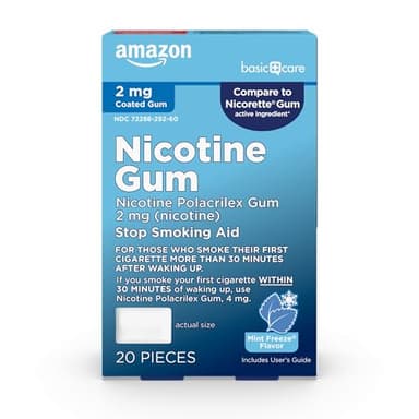 Amazon Basic Care Coated Nicotine Polacrilex Gum, 2 mg, Ice Mint Flavor, Stop Smoking Aid, Reduces Cravings, Smoking Cessation, 20 Count