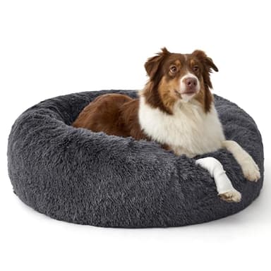 Bedsure Calming Dog Beds Large Sized Dog - 36in Donut Washable Large Pet Bed,Anti-Slip ＆Removable Cover,420GSM Round Anti-Anxiety Fluffy Plush Faux Fur Bed, Fits up to 80 lbs Pets,Plus Version