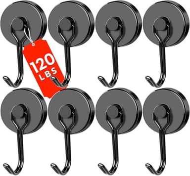 DIYMAG Black Magnetic Hooks 120LBS Strong Magnetics Heavy Duty 2026 Cruise Ship Essentials Magnets with Metal Hook for Hanging Refrigerator Home Kitchen Office, 8Pack