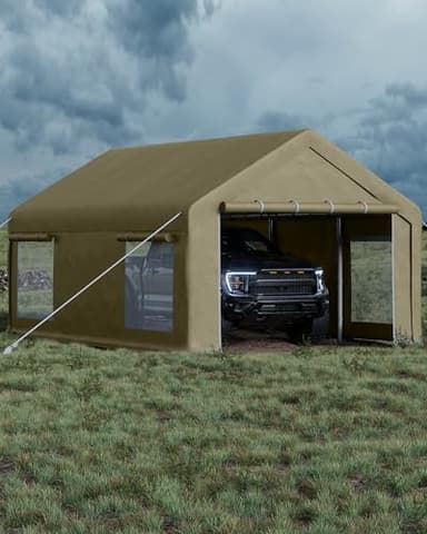 GarveeLife 13x20 ft Portable Garage, Car Port with 220 g PE Tarp Cover, with Front & Rear Roll-Up Doors and 4 Windows, for Temporary Paint Booth, Boats&Pickups Shed, and Event Shelter, Khaki