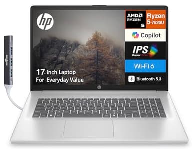 HP 17 Everyday Value Laptop 17.3" IPS FHD Display (AMD Ryzen 5 7520U, 8GB LPDDR5, 512GB SSD, AMD Radeon, WiFi 6, Webcam, Bluetooth 5.3, Win 11 Home) w/DKZ USB Port Expander