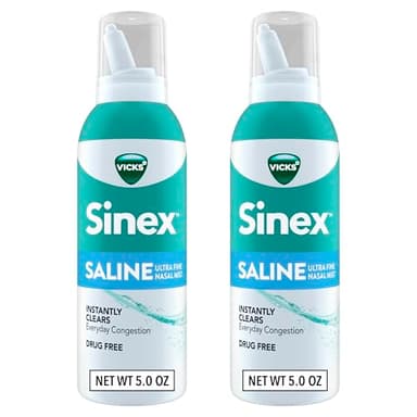 Vicks Sinex SALINE Nasal Spray, Drug Free Ultra Fine Mist, Clear Everyday Sinus Congestion Fast, Clear Mucus from a Cold or Allergy, Daily Use 5.0 fl oz x 2