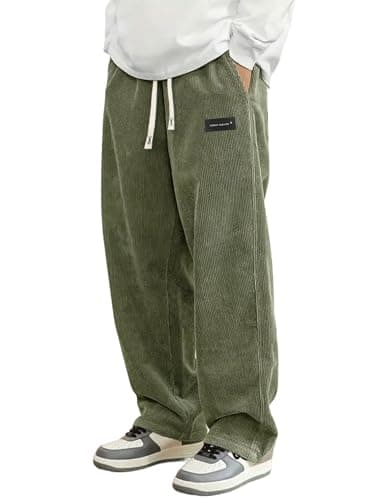 Hidkat Mens Corduroy Casual Pants Fashion Loose Fit Wide Leg Pants Straight Sweatpants Elastic Waist Drawstring Light Green