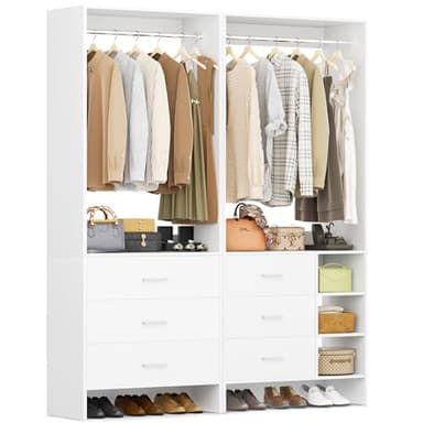 Aheaplus Closet System with 6 Drawers, 4.5ft Wood Closet Organizer System, Walk-in Closet or Small Closets Wardrobe, Clothes Rack with Hanging Rods, Set of 2, White
